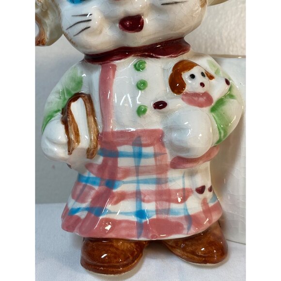 Ceramic Planter Kitschy Cat School Girl  Book Doll Nursery VTG - Picture 5 of 14